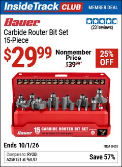 Harbor Freight Coupon BAUER CARBIDE ROUTER BIT SET, 15-PIECE Lot No. 59555 Valid: 12/31/69 - 10/1/26 - $29.99