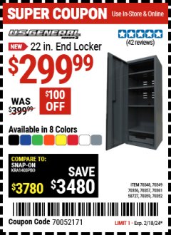 Harbor Freight Coupon U.S. GENERAL 22 IN. END LOCKER, SERIES 3 Lot No. 70352/73361/58727/70348/70349/70356/70357/70361/70359 Expired: 2/18/24 - $299.99
