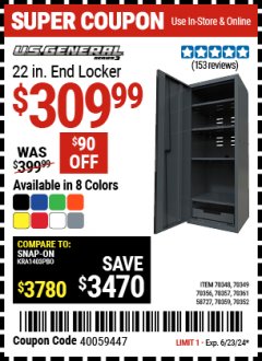 Harbor Freight Coupon U.S. GENERAL 22 IN. END LOCKER, SERIES 3 Lot No. 70352/73361/58727/70348/70349/70356/70357/70361/70359 Expired: 6/23/24 - $309.99