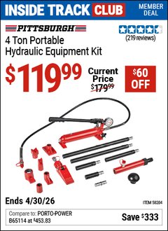 Harbor Freight ITC Coupon PITTSBURGH 4 TON PORTABLE HYDRAULIC EQUIPMENT KIT Lot No. 58204 Expired: 4/30/26 - $119.99