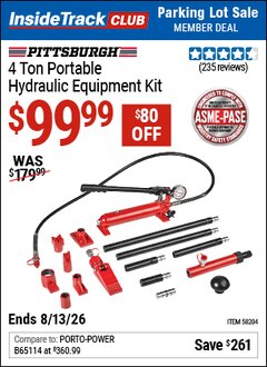 Harbor Freight ITC Coupon PITTSBURGH 4 TON PORTABLE HYDRAULIC EQUIPMENT KIT Lot No. 58204 Expired: 8/13/26 - $99.99