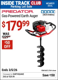 Harbor Freight ITC Coupon PREDATOR GAS-POWERED EARTH AUGER Lot No. 63022/56257/57341 Expired: 3/5/26 - $179.99