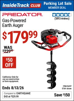 Harbor Freight ITC Coupon PREDATOR GAS-POWERED EARTH AUGER Lot No. 63022/56257/57341 Expired: 8/13/26 - $179.99