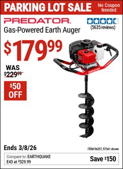 Harbor Freight Coupon PREDATOR GAS-POWERED EARTH AUGER Lot No. 63022/56257/57341 Expired: 3/8/26 - $179.99