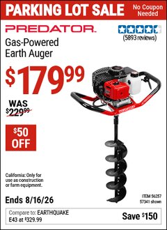 Harbor Freight Coupon PREDATOR GAS-POWERED EARTH AUGER Lot No. 63022/56257/57341 Expired: 8/16/26 - $179.99