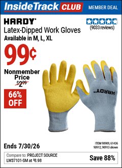 Harbor Freight ITC Coupon HARDY LATEX-DIPPED WORK GLOVES Lot No. 90909/61436/90913/61437/90912 Expired: 7/30/26 - $0.99