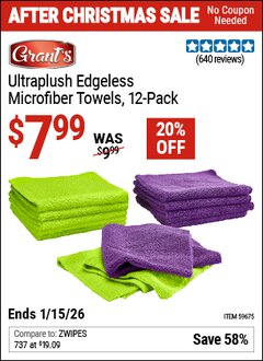 Harbor Freight Coupon GRANT'S ULTRAPLUSH EDGELESS MICROFIBER TOWELS, 12-PACK Lot No. 59675 Expired: 1/15/26 - $7.99
