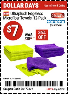 Harbor Freight Coupon GRANT'S ULTRAPLUSH EDGELESS MICROFIBER TOWELS, 12-PACK Lot No. 59675 Expired: 6/3/26 - $7