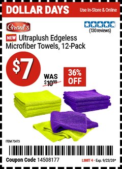 Harbor Freight Coupon GRANT'S ULTRAPLUSH EDGELESS MICROFIBER TOWELS, 12-PACK Lot No. 59675 Valid Thru: 9/23/26 - $7