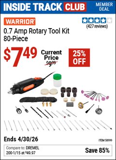 Harbor Freight ITC Coupon WARRIOR 0.7 AMP ROTARY TOOL KIT, 80-PIECE Lot No. 58999 Expired: 4/30/26 - $7.49