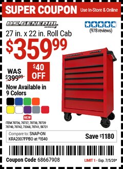 Harbor Freight Coupon U.S. GENERAL 27 IN. X 22 IN. ROLL CAB, SERIES 3 Lot No. 58721/70736/70737/70738/70739/70740/70741/70742 Valid Thru: 7/5/26 - $359.99