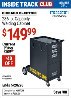 Harbor Freight Coupon CHICAGO ELECTRIC 286 LB. CAPACITY WELDING CABINET Lot No. 62275 Valid: 12/31/69 - 5/28/26 - $149.99