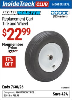 Harbor Freight ITC Coupon HAUL-MASTER REPLACEMENT CART TIRE AND WHEEL Lot No. 56181 Expired: 7/30/26 - $22.99