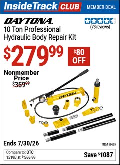 Harbor Freight ITC Coupon DAYTONA 10 TON PROFESSIONAL HYDRAULIC BODY REPAIR KIT Lot No. 58665 Expired: 7/30/26 - $279.99