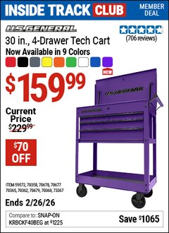 Harbor Freight ITC Coupon U.S. GENERAL 30 IN., 4-DRAWER TECH CART Lot No. 70678/70360/59572/70358/70677/70679/70365/70362/73367 Expired: 2/26/26 - $159.99