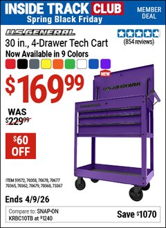 Harbor Freight ITC Coupon U.S. GENERAL 30 IN., 4-DRAWER TECH CART Lot No. 70678/70360/59572/70358/70677/70679/70365/70362/73367 Expired: 4/9/26 - $169.99
