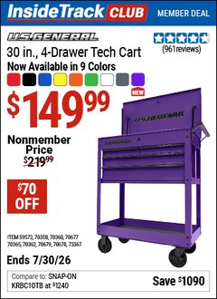Harbor Freight ITC Coupon U.S. GENERAL 30 IN., 4-DRAWER TECH CART Lot No. 70678/70360/59572/70358/70677/70679/70365/70362/73367 Expired: 7/30/26 - $149.99