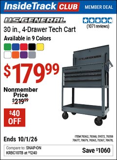 Harbor Freight Coupon U.S. GENERAL 30 IN., 4-DRAWER TECH CART Lot No. 70678/70360/59572/70358/70677/70679/70365/70362/73367 Valid: 12/31/69 - 10/1/26 - $179.99