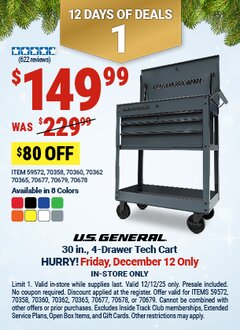 Harbor Freight Coupon U.S. GENERAL 30 IN., 4-DRAWER TECH CART Lot No. 70678/70360/59572/70358/70677/70679/70365/70362/73367 Expired: 12/12/25 - $149.99