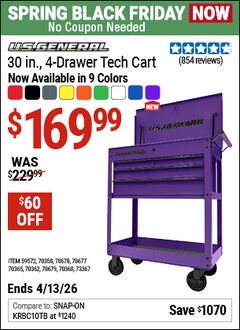 Harbor Freight Coupon U.S. GENERAL 30 IN., 4-DRAWER TECH CART Lot No. 70678/70360/59572/70358/70677/70679/70365/70362/73367 Expired: 4/12/26 - $169.99
