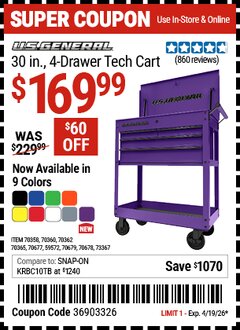 Harbor Freight Coupon U.S. GENERAL 30 IN., 4-DRAWER TECH CART Lot No. 70678/70360/59572/70358/70677/70679/70365/70362/73367 Expired: 4/19/26 - $169.99
