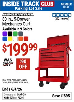 Harbor Freight ITC Coupon U.S. GENERAL 30 IN., 5-DRAWER MECHANICS CART Lot No. 59818/70369/70375/70376/70377/70378/70379/70380/70698 Expired: 6/4/26 - $199.99