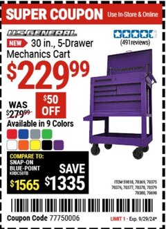 Harbor Freight Coupon U.S. GENERAL 30 IN., 5-DRAWER MECHANICS CART Lot No. 59818/70369/70375/70376/70377/70378/70379/70380/70698 Expired: 9/29/24 - $229.99