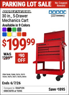 Harbor Freight Coupon U.S. GENERAL 30 IN., 5-DRAWER MECHANICS CART Lot No. 59818/70369/70375/70376/70377/70378/70379/70380/70698 Expired: 6/7/26 - $199.99