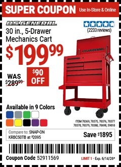 Harbor Freight Coupon U.S. GENERAL 30 IN., 5-DRAWER MECHANICS CART Lot No. 59818/70369/70375/70376/70377/70378/70379/70380/70698 Expired: 6/14/26 - $199.99