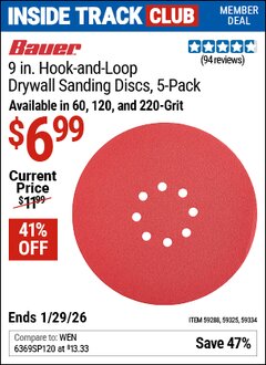 Harbor Freight ITC Coupon BAUER 9 IN., HOOK-AND-LOOP DRYWALL SANDING DISCS, 5-PACK Lot No. 59288/59325/59334 Dates Valid: 12/31/69 - 1/29/26 - $6.99