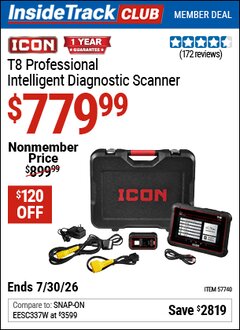 Harbor Freight ITC Coupon ICON T8 PROFESSIONAL INTELLIGENT DIAGNOSTIC SCANNER Lot No. 57740 Expired: 7/30/26 - $779.99