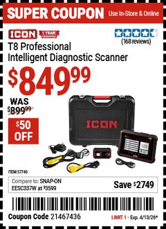 Harbor Freight Coupon ICON T8 PROFESSIONAL INTELLIGENT DIAGNOSTIC SCANNER Lot No. 57740 Expired: 4/13/26 - $849.99