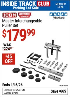 Harbor Freight ITC Coupon ICON MASTER INTERCHANGEABLE PULLER SET Lot No. 58118 Expired: 1/15/26 - $179.99