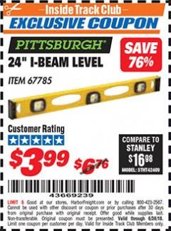 Harbor Freight ITC Coupon PITTSBURGH 24 IN. I-BEAM LEVEL Lot No. 67785 Expired: 6/30/18 - $3.99
