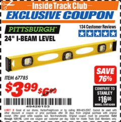 Harbor Freight ITC Coupon PITTSBURGH 24 IN. I-BEAM LEVEL Lot No. 67785 Expired: 1/31/19 - $3.99