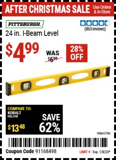 Harbor Freight Coupon PITTSBURGH 24 IN. I-BEAM LEVEL Lot No. 67785 Expired: 1/8/23 - $4.99