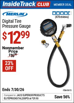Harbor Freight ITC Coupon MERLIN DIGITAL TIRE PRESSURE GAUGE Lot No. 58172 Expired: 7/30/26 - $12.99