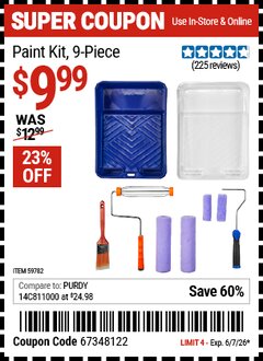 Harbor Freight Coupon PAINT KIT, 9-PIECE Lot No. 59782 Expired: 6/7/26 - $9.99