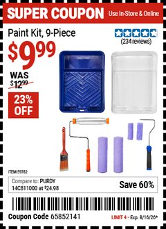 Harbor Freight Coupon PAINT KIT, 9-PIECE Lot No. 59782 Expired: 8/16/26 - $9.99