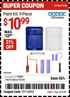 Harbor Freight Coupon PAINT KIT, 9-PIECE Lot No. 59782 Valid Thru: 9/27/26 - $10.99