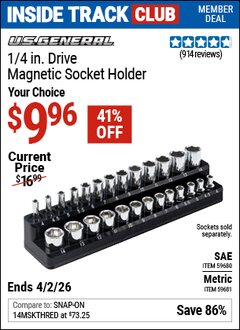 Harbor Freight ITC Coupon U.S. GENERAL 1/4 IN. DRIVE MAGNETIC SOCKET HOLDER Lot No. 59680/59681 Dates Valid: 12/31/69 - 4/2/26 - $9.96