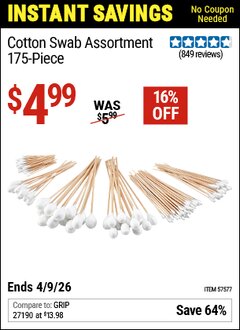 Harbor Freight Coupon COTTON SWAB ASSORTMENT, 175-PIECE Lot No. 57577 EXPIRES: 4/9/26 - $4.99
