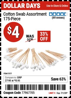 Harbor Freight Coupon COTTON SWAB ASSORTMENT, 175-PIECE Lot No. 57577 EXPIRES: 7/1/26 - $4