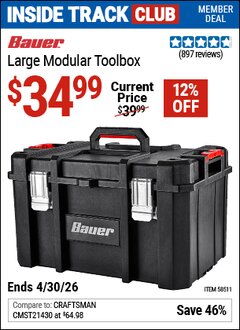 Harbor Freight ITC Coupon BAUER LARGE MODULAR TOOLBOX Lot No. 58511 Expired: 4/30/26 - $34.99
