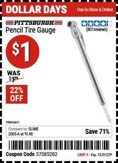 Harbor Freight Coupon PITTSBURGH PENCIL TIRE GAUGE Lot No. 63611 Expired: 12/31/25 - $1