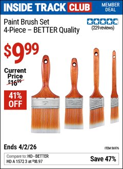 Harbor Freight ITC Coupon PAINT BRUSH SET, 4-PIECE, BETTER QUALITY Lot No. 56976 Dates Valid: 12/31/69 - 4/2/26 - $9.99