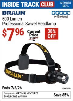 Harbor Freight ITC Coupon BRAUN 500 LUMEN PROFESSIONAL SWIVEL HEADLAMP Lot No. 70752 Dates Valid: 12/31/69 - 7/2/26 - $7.96