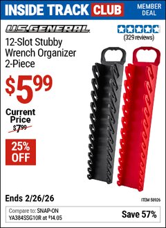 Harbor Freight ITC Coupon U.S. GENERAL 12-SLOT STUBBY WRENCH ORGANIZER, 2-PIECE Lot No. 58926 Expired: 2/26/26 - $5.99