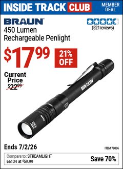 Harbor Freight ITC Coupon BRAUN 450 LUMEN RECHARGEABLE PENLIGHT Lot No. 70806 Dates Valid: 12/31/69 - 7/2/26 - $17.99
