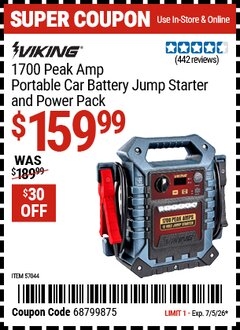 Harbor Freight Coupon VIKING 1700 PEAK AMP PORTABLE CAR BATTERY JUMP STARTER AND POWER PACK Lot No. 57044 Valid Thru: 7/5/26 - $159.99